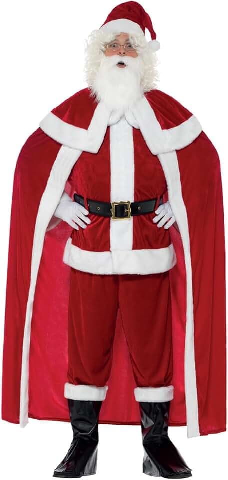 Smiffys - Herren Deluxe Weihnachtsmann Kostüm, Hose, Jacke, Umhang, Gürtel, Stiefel Überzieher, Handschuhe, Bart und Hut, rot