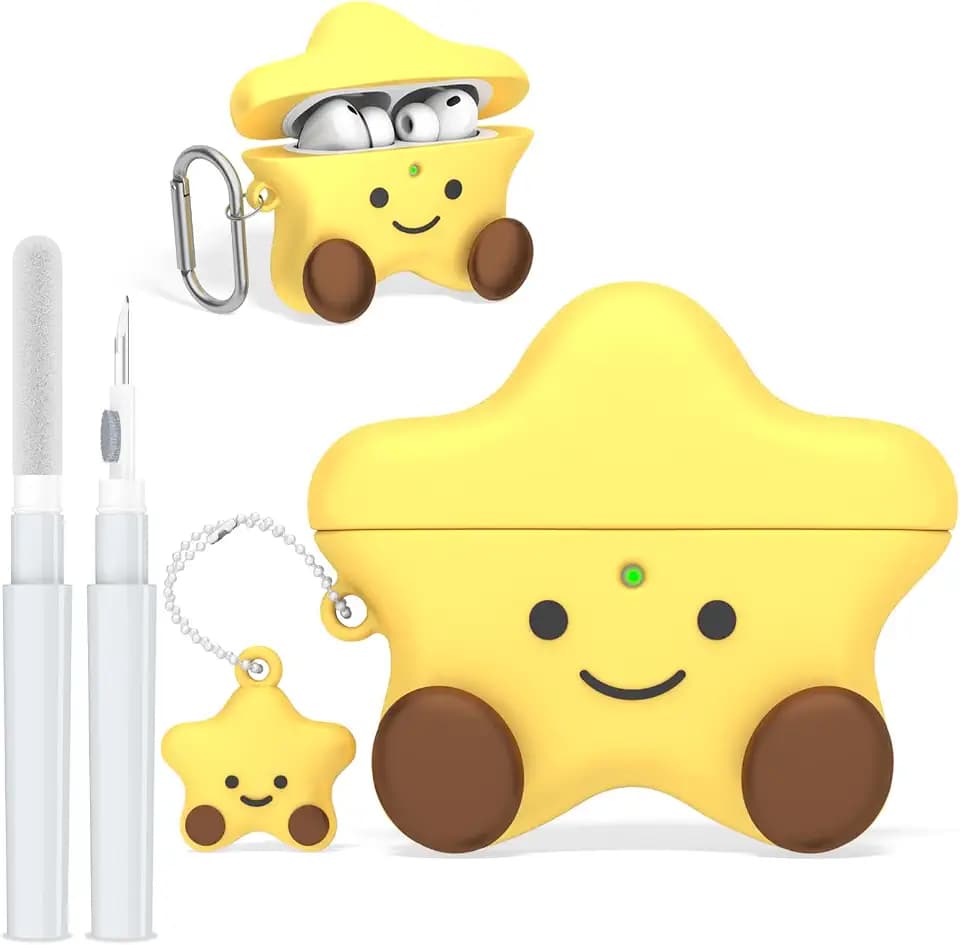 Cute Case for AirPods Pro 3 (2025), 3D Cartoon Funny AirPod Pro 3 Case Kawaii Star Shape Design Silicone Cover Compatible with AirPods Pro 3rd Gen with Cleaner Kit/Keychain for Girls & Kids (Yellow)