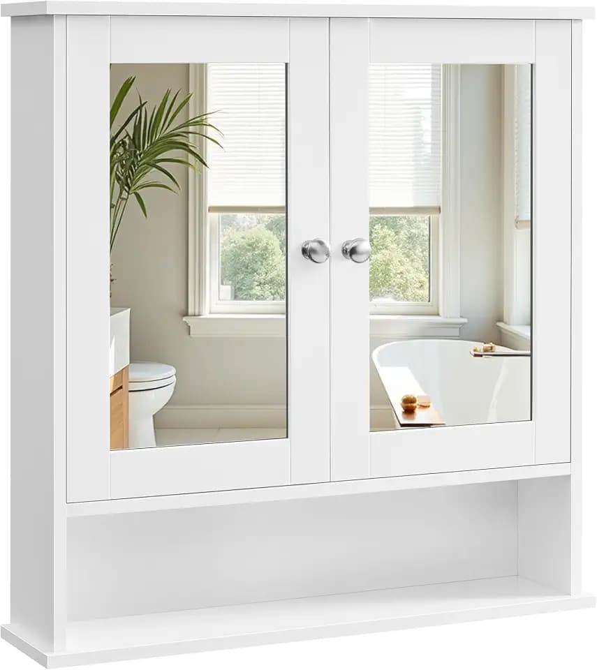 VASAGLE Spiegelschrank, mit 2 Spiegeltüren und offenem Fach, Wandmontage | Badschrank, Wandschrank, Hängeschrank, verstellbare Ablage, 13 x 56,5 x 58,5 cm, Weiß, SIREN Kollektion LHC002