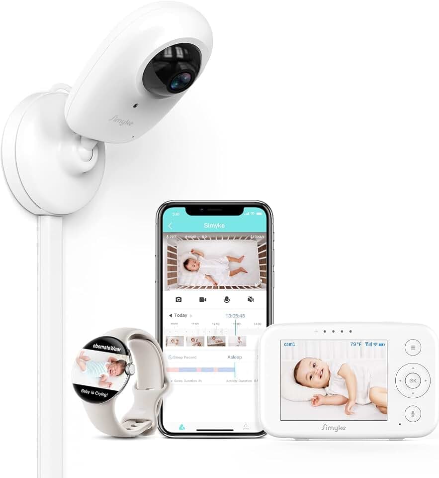 Simyke Video Baby Monitor with App and Screen 1080P Camera, Cry Detection, Lullabies, Two Way Talk, Night Vision, Face Detection, Wall Mount, Connect Smart Watch, Temperature Monitoring, Gift for Baby