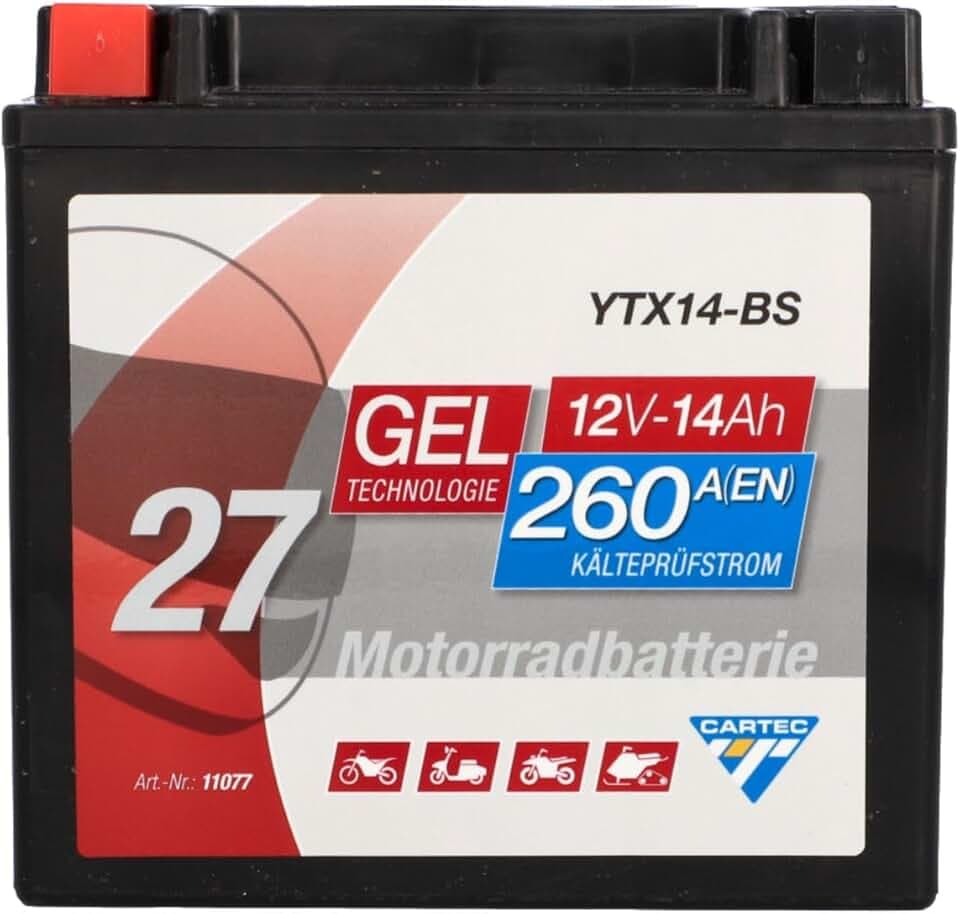 CARTEC Motorradbatterie YTX14-BS, 14Ah, 260A, Gel Technologie Motorrad-Starter-Batterie, Erstausrüsterqualität, zyklenfest, lagerfähig, wartungsfrei, schwarz
