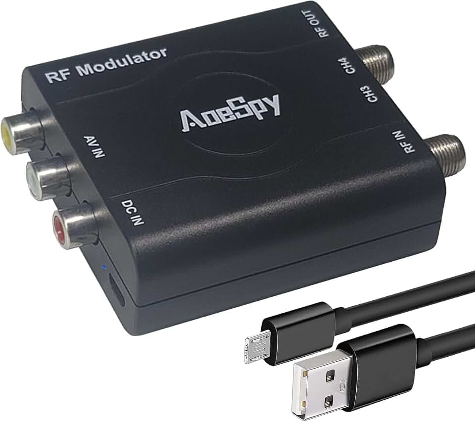 RCA RF Coaxial Modulator VHF Converter CVBS Adapter w/Channel 3/4 Switch for DVD Blu-ray Player DVR VCRs Satellite Set-top Cable Box PS2 PS3 PS4 Xbox 360 WII NS AV Video to F Type Analog Coax NTSC TV
