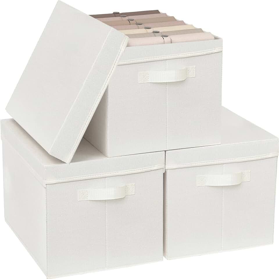 Aufbewahrungsbox mit Deckel,3 Stück Faltbare Aufbewahrungsbox,Beige Korb mit Deckel, Aufbewahrungskorb für Cupboard,Schrank,Kleidung,Badezimmer Regal,37x 27 x 26 cm