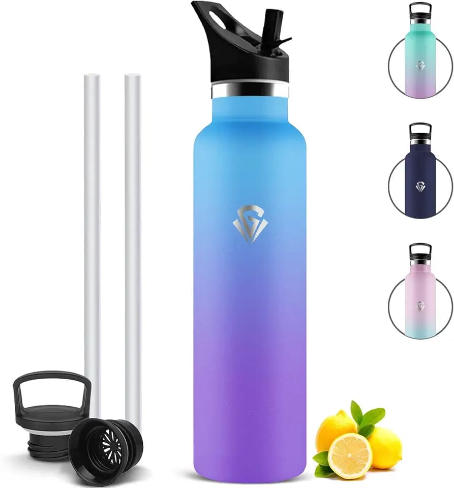 Trinkflasche Edelstahl 1l, Wasserflasche Auslaufsicher, Thermosflasche mit Strohhalm, für Kohlensäure Geeignet, BPA-frei Trinkflasche Sport für Joggen, Yoga, Erwachsene
