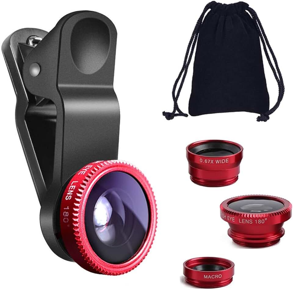 KINGMAS 3-in-1 Universal-Fischaugenobjektiv, Makro-Clip-Objektiv, Weitwinkel-Kameraobjektiv-Set für iPad, iPhone, Samsung, Android und die meisten Smartphones (rot)