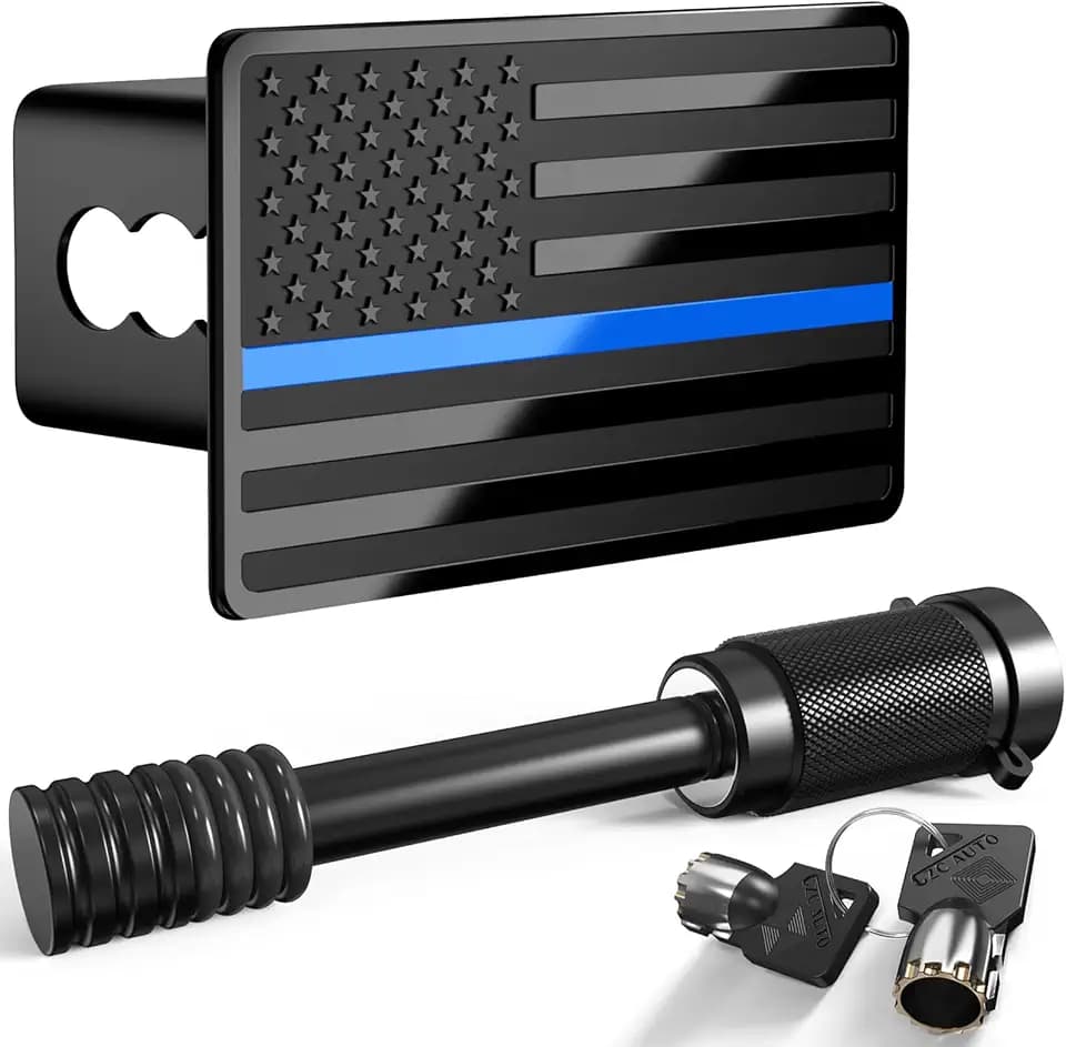 Heavy American Flag Metal Trailer Hitch Cover for 2" inch Receivers,Tow Hitch Covers 2 Inch for Truck Accessories (with 5/8-Inch Pin Diameter Trailer Hitch Lock, Blue Line)