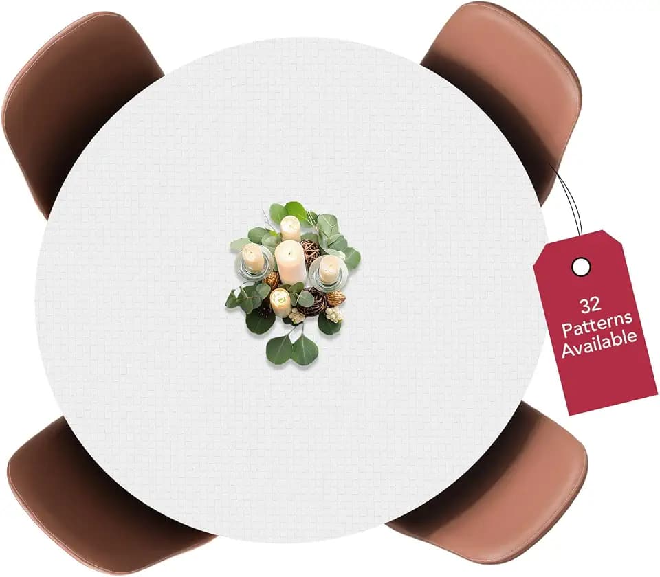 Covers For The Home Deluxe Elastic Edged Flannel Backed Vinyl Fitted Table Cover - Quilted White Pattern - Large Round Oblong Oval - Fits Tables up to 45" - 56" Diameter