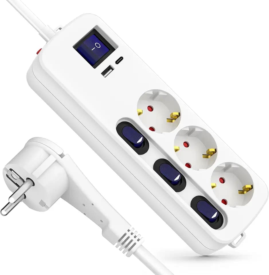 Realmade Steckdosenleiste 3-Fach mit Einzeln Schaltbar mit USB-A USB-C 3,4 A
