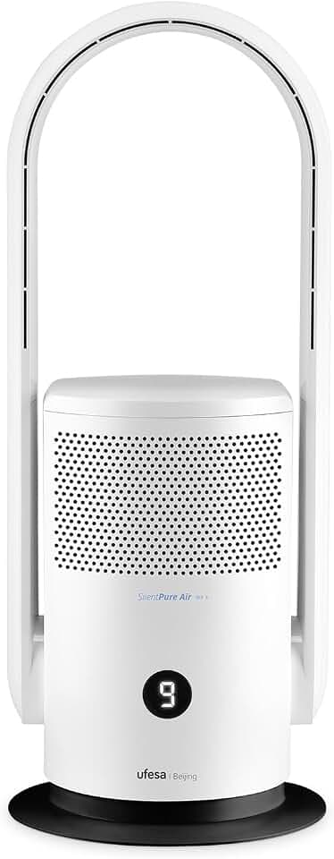 Ufesa Beijing 2‑in‑1 Bladeless Ventilator und Luftreiniger, 35W, HEPA13 Filter, CADR 90 m³/h, 9 Geschwindigkeiten, 80º Oszillation, Ultrasilent, 8‑Std‑Timer, LED‑Display, Fernbedienung