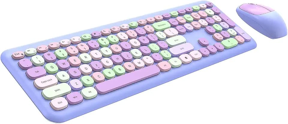 Wireless Keyboard and Mouse Combo, 2.4GHz Full-Sized Colorful Cute Keyboard Mouse Set with Retro Typewriter Flexible Round Keys for Windows, Computer, Laptops, PC Purple Colorful