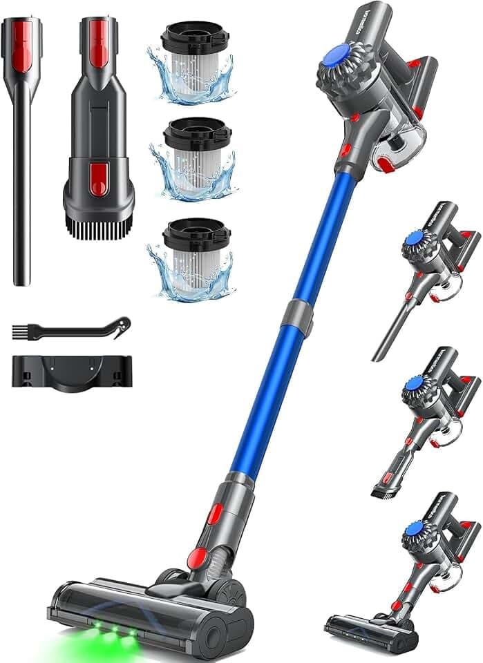 Akku Staubsauger Kabellos 50Mins/40KPA/450W, Akkustaubsauger mit Geen LED, Kabelloser Staubsauger mit Aufgerüstete Bodenbürste, StaubsaugerAkku für Tierhaare, Dunkelblau