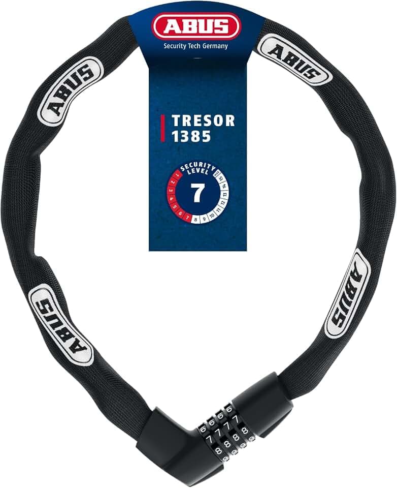 ABUS Kettenschloss Tresor 1385 – Zahlenschloss aus gehärtetem Stahl – 7 mm starke Vierkantkette – ABUS-Sicherheitslevel 7 – 85 cm – Schwarz