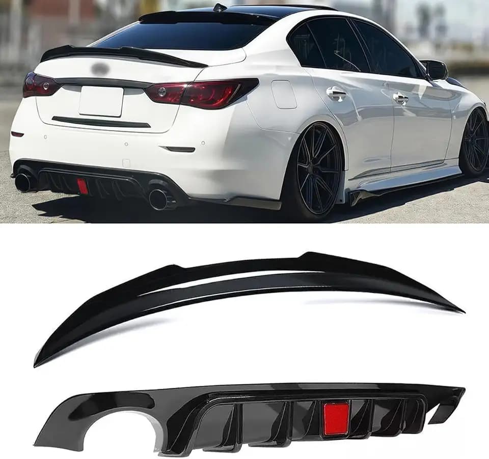 Duckbill Rear Spoiler & Rear Diffuser Compatible with Infiniti Q50 2018-2024 Sedan, Glossy Black Sport Style Trunk Wing Lip and Rear Bumper Splitter Kit
