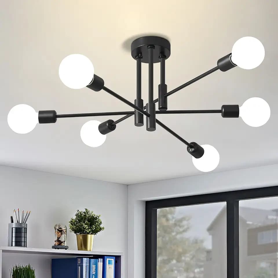 Matte Black 6-Light Sputnik Ceiling Light Fixture,Mid Century Light Fixture