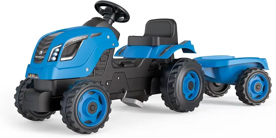 Smoby - Traktor Farmer XL Blau + Anhänger - Trettraktor für Kinder - Verstellbarer Sitz - Lenkrad mit Hupe - Motorhaube zum Aufklappen