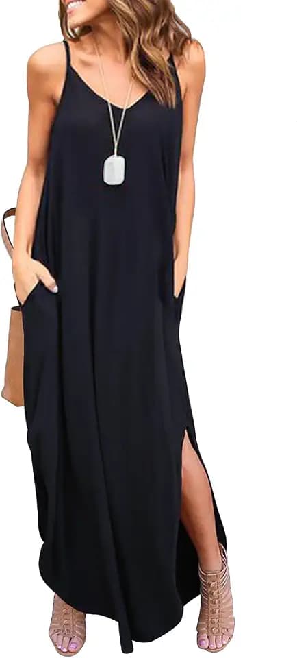HUSKARY Women's Summer Casual Sleeveless V Neck Strappy Split Loose Dress Beach Cover Up Long Cami Maxi Dresses with Pocket