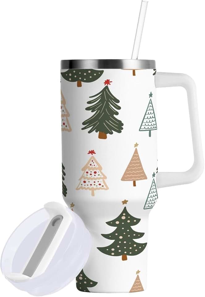 YETTASBIN Christmas Tree 40 oz Tumbler with Handle, Stainless Steel Vacuum Insulated Sports Water Bottle, Leak-proof Travel Coffee Mug Cup with Lid and Straw for Water, Iced Tea or Coffee