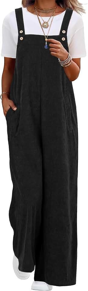 QIXING Damen Cord-Latzhose, weites Bein, Kord-Overall, lässiger Overall mit Taschen