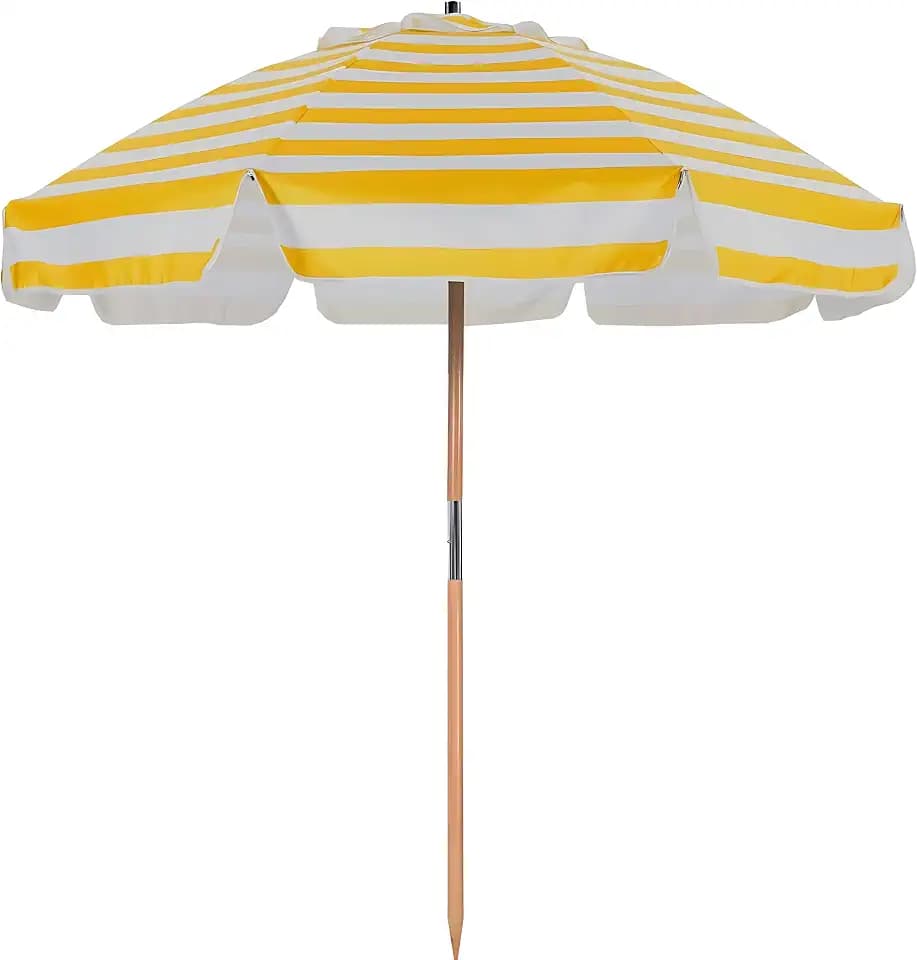 AMMSUN 7.5ft Heavy duty High Wind Beach Umbrella UPF 50+ commercial grade patio beach umbrella with Air Vent & Ash Wood Pole for beach, pool, patio Yellow White Stripe