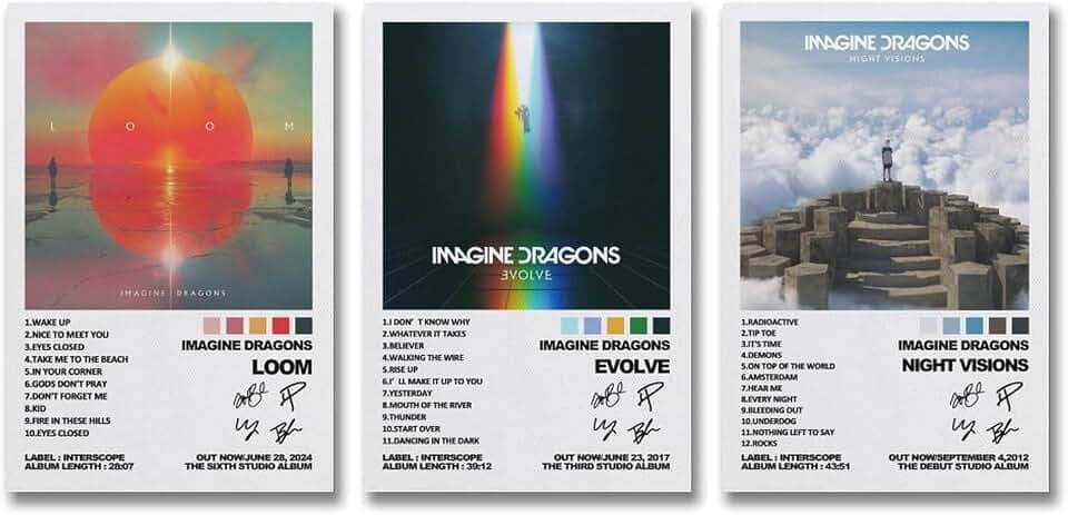 Duboueu A Set Of 3 Imagine Poster Dragons Rock Band Music Album Cover Signed Poster Für Zimmer, Ästhetische Leinwand-Wandkunst, Schlafzimmer-Dekor Poster 08x12inch(20x30cm)-3pcs