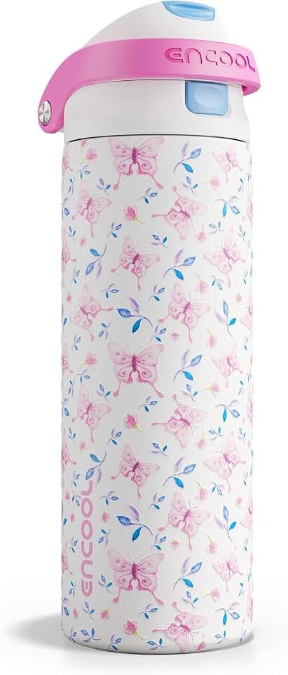 ENCOOL Leakproof Insulated Water Bottle with Straw Dual-Sip Water Bottle Bag-Safe Design for Work, Commute & Gym – Keeps Drinks Cold All Day, 24 oz, Blossom Butterfly