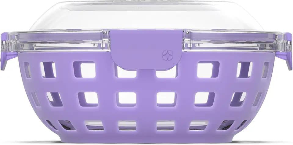 Ello DuraGlass Food Storage Glass Lunch Bowl Container - Meal Prep Container with Silicone Sleeve and Airtight Lid, 5 Cup, Lilac