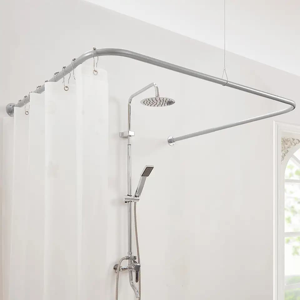 U Shaped Shower Curtain Rod, [Both Sides: 24"-52", Middle: 31"-47"] Adjustable U Shape Outdoor Corner Curtain Pole for Bathroom Bathtub with 12 Hooks & Ceiling Support - Silver Gray