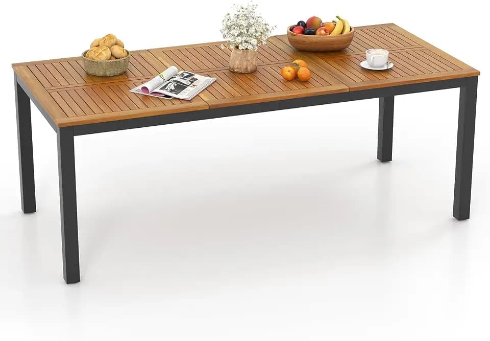 COSTWAY Gartentisch mit Schirmloch, 200x90cm, großer Terrassentisch für 8 Personen, rechteckiger Balkontisch mit Akazienholzplatte, Outdoor-Esstisch für Garten, Terrasse