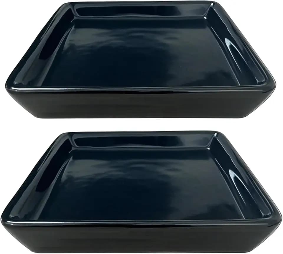Square Ceramic Plant Saucer Tray 2 Pcs 8 9 10 Inch Black, 9.3" OD x8.3 ID x1.3 Deep, Sturdy Heavy Duty Glazed Planter Drip Flower pots with Catch Basin for Indoor Outdoor Plants(10" Black)