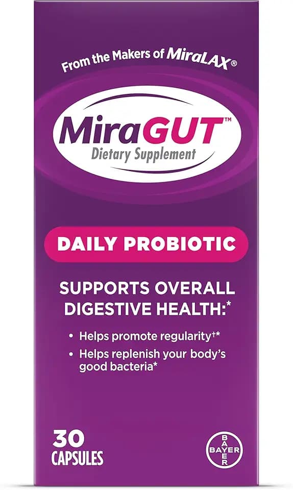 MiraGUT Daily Probiotic, from the Makers of MiraLAX, Probiotics for Digestive Health, Gluten-Free Supplement, Probiotic for Women and Men, Support Overall Digestive Health, 30 Ct