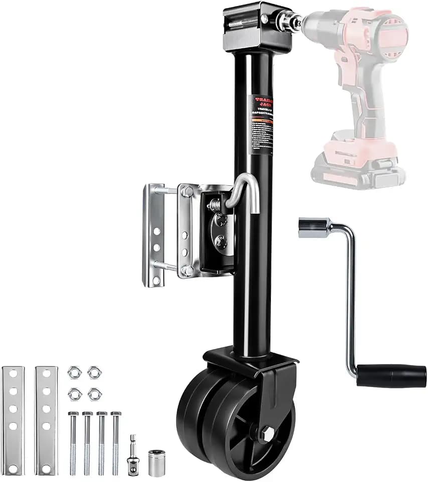 2000 lbs Trailer Jack with Dual Wheel, 20-24V Cordless Drill Compatible, 12" Lift Swivel Trailer Tongue Jack for Boat, RV & Utility Trailer, Heavy Duty, Black