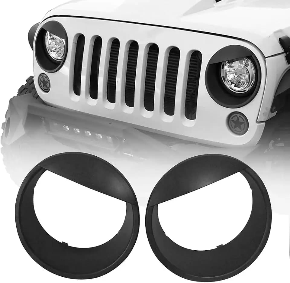 Hooke Road Wrangler Headlight Cover Bezels Trim Matte Black Accessories for 2007-2015 Jeep JK Wrangler & Unlimited - Pair