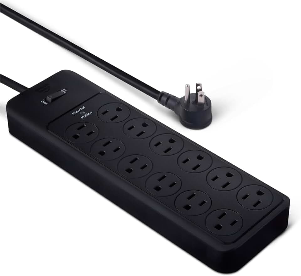Amazon Basics 12-Outlet Surge Protector Power Strip, 4000 Joules, 8ft Extension Cord, Rectangle, for Home, Office, Gaming Room, Black