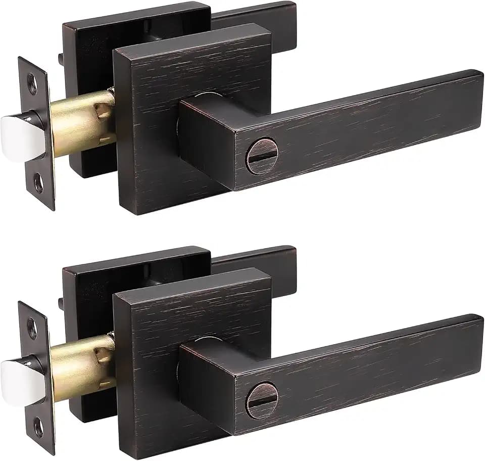 Probrico 2 Pack Oil Rubbed Bronze Privacy Door Lever for Bedroom & Bathroom, Modern Square Door Knob with Lock Interior Handle Sets, Heavy Duty Keyless Door Lock