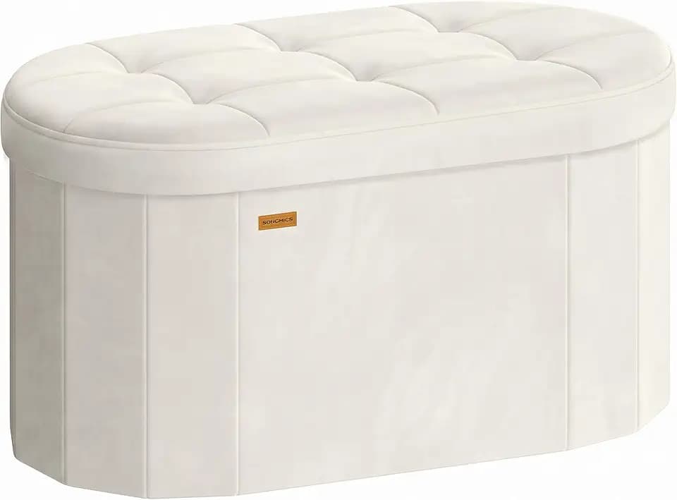 SONGMICS Folding Ottoman with Storage, Oval Bench, Velvet Fabric