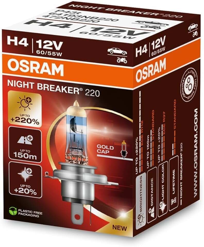 Osram NIGHT BREAKER 220, H4, 220% mehr Helligkeit, Halogen-Scheinwerferlampe, 64193NB220, Faltschachtel (1 Lampe)