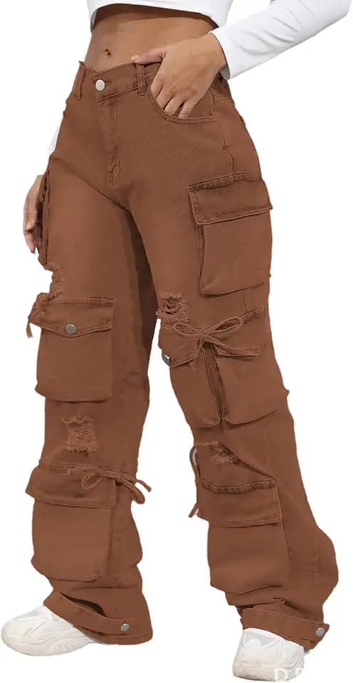 ThusFar Women's High Waist Baggy Jeans Flap Pocket Cargo Pants Loose Denim Pants Streetwear