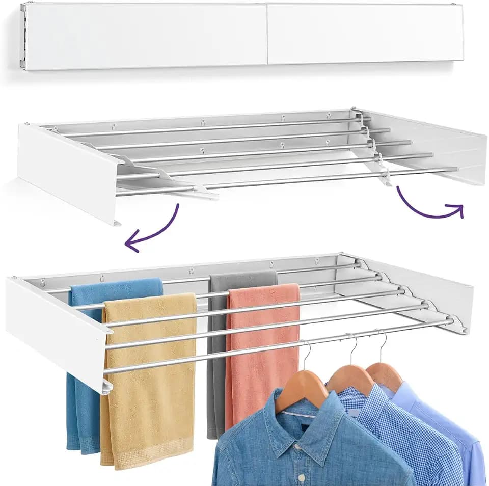 Wandtrockner Ausziehbar 80cm Antioxidans – Unsichtbar und Klappbar mit 5 Aluminiumstangen, Ausziehbar 9.5–40 cm, Wandmontage innen Oder Außen, Einfache Montage.