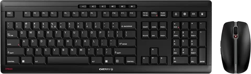 CHERRY Stream Desktop, Kabelloses Tastatur- und Maus-Set, EU-Layout (QWERTY), 2,4 GHz Funk, Leiser Tastenanschlag, Flache Tasten, Batteriebetrieben, Schwarz