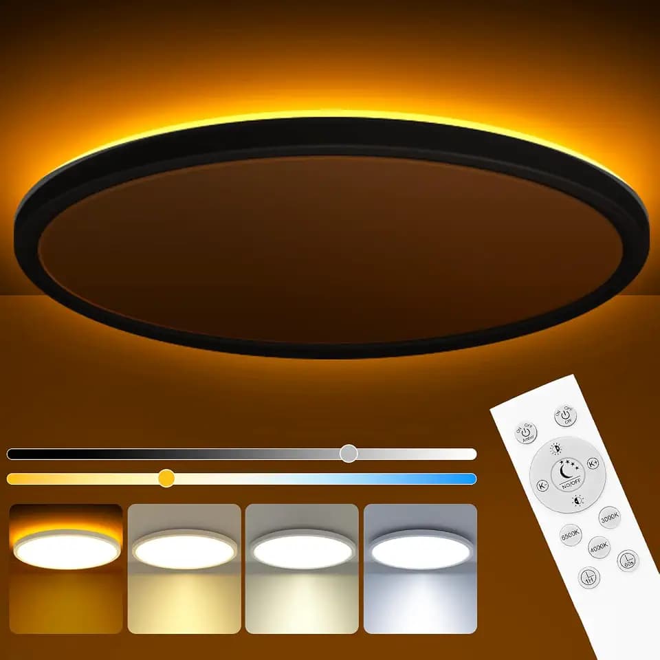 zemty 15 Inch LED Ceiling Light with Night Light 1800K, 3000K/4000K/6500K Dimmable Fixture with Remote Control, Low Profile Lighting for Bedroom Living Room Kitchen-Black