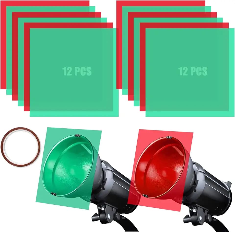24 Pieces Christmas Gel Filter Colored, Transparent Color Overlays Film Plastic Sheets for Reading, Led Light or Craft, Red and Green, 8.4X 8.4 Inches