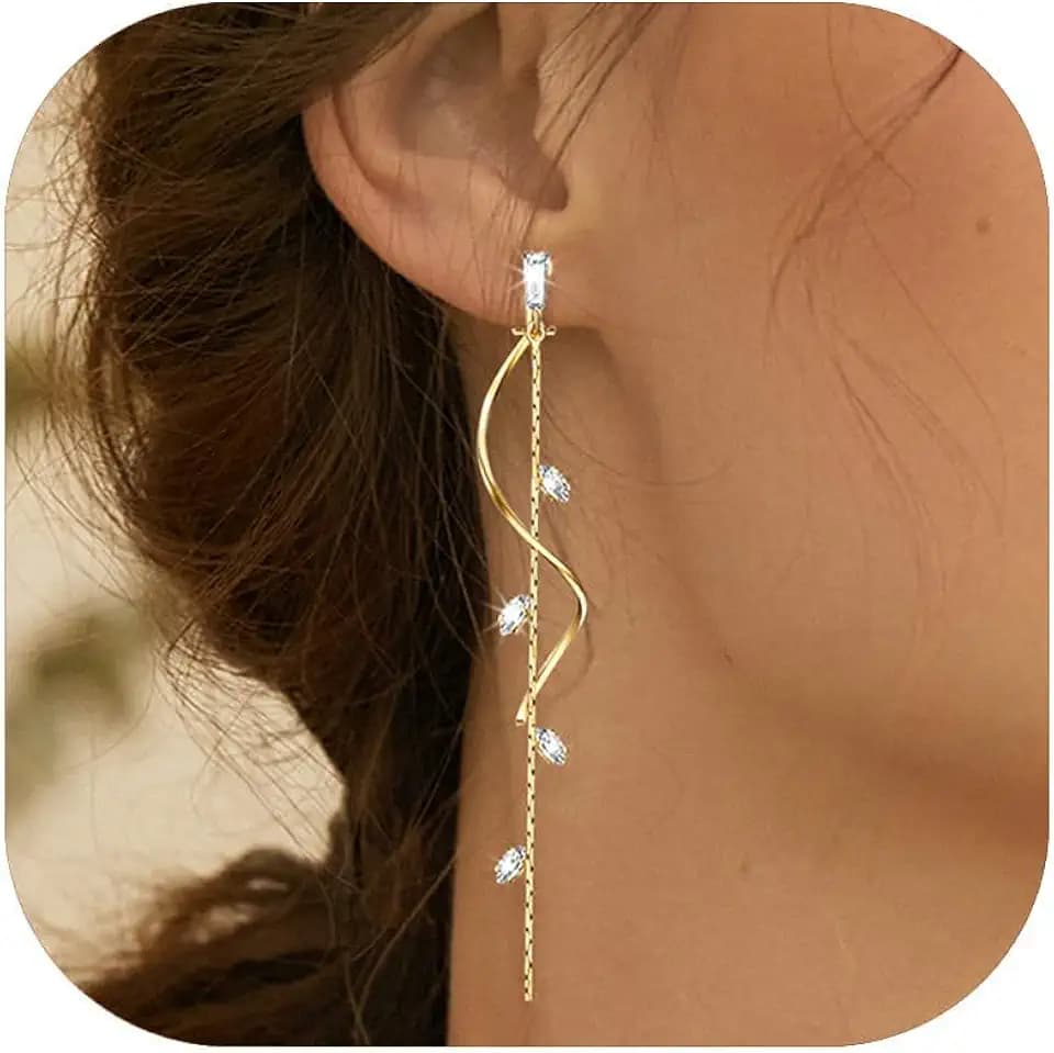 Gold/Silver Clip on Earrings Non Pierced for Women - 14K Gold Plated Long Tasse Drop Dangle Clip Earrings - Cubic Zirconia Leaf Earrings for Women Gold Wedding Jewelry Gifts