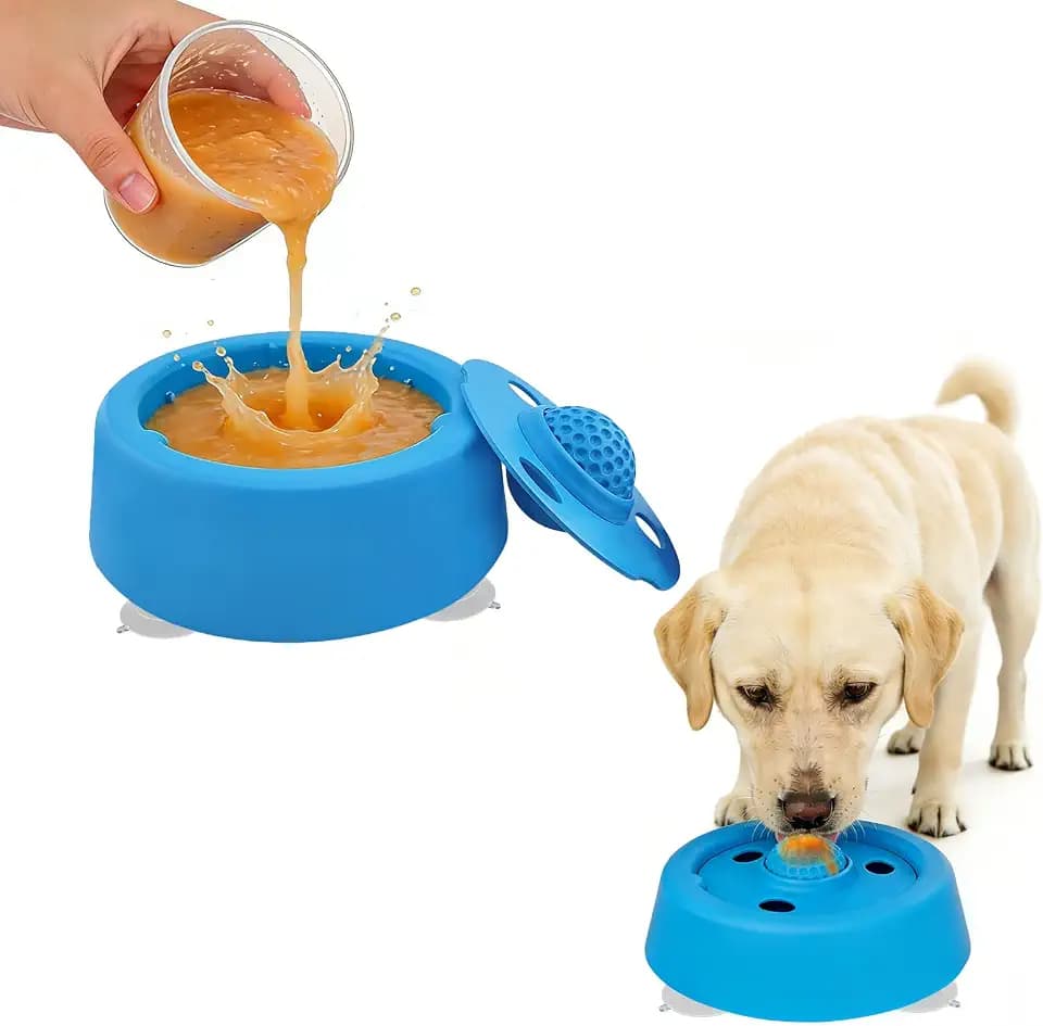 Slow Feeder Bowl for Liquid & Wet Food, 250ml Large Capacity Dog Cat Lick Bowl with Rolling Ball, 3 Suction Cups Anti-Slip Base, Visible Food Holes, Anti-Gulp Bloat Prevention