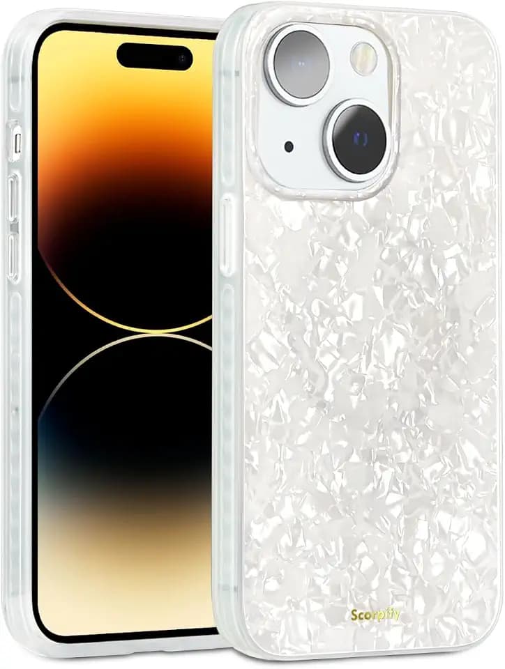 SCORPIFY for iPhone 15 Case [Compatible with MagSafe] with White Pearl Design, Cute Clear Magnetic Phone Cover for Women Girls and Men, Slim Bumper with Mother of Pearl Shell Pattern