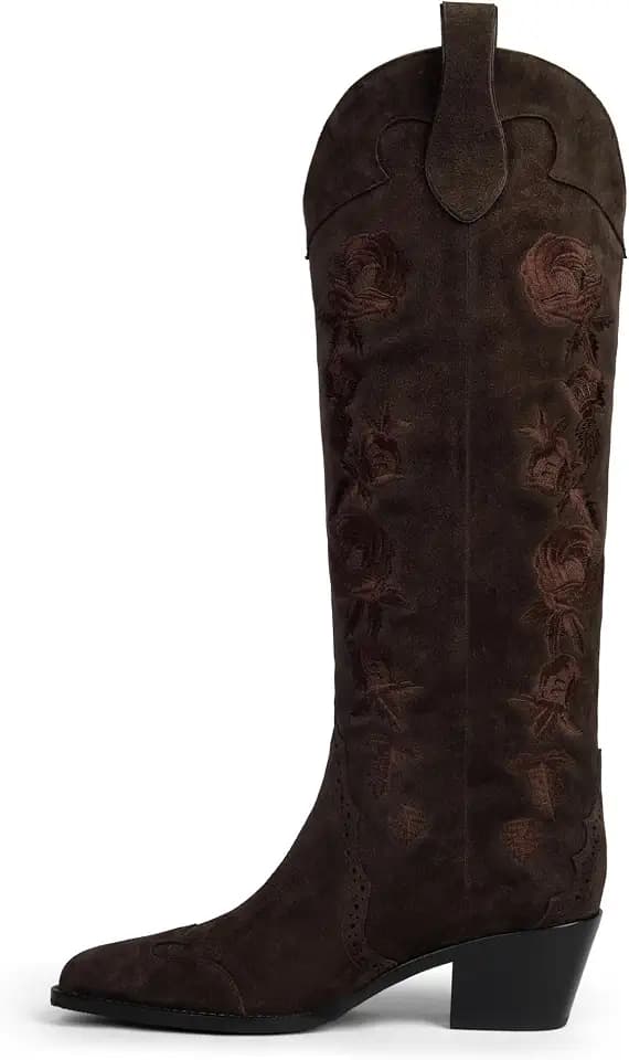 Cow Suede Genuine Leather Cowboy Embroidered Boots