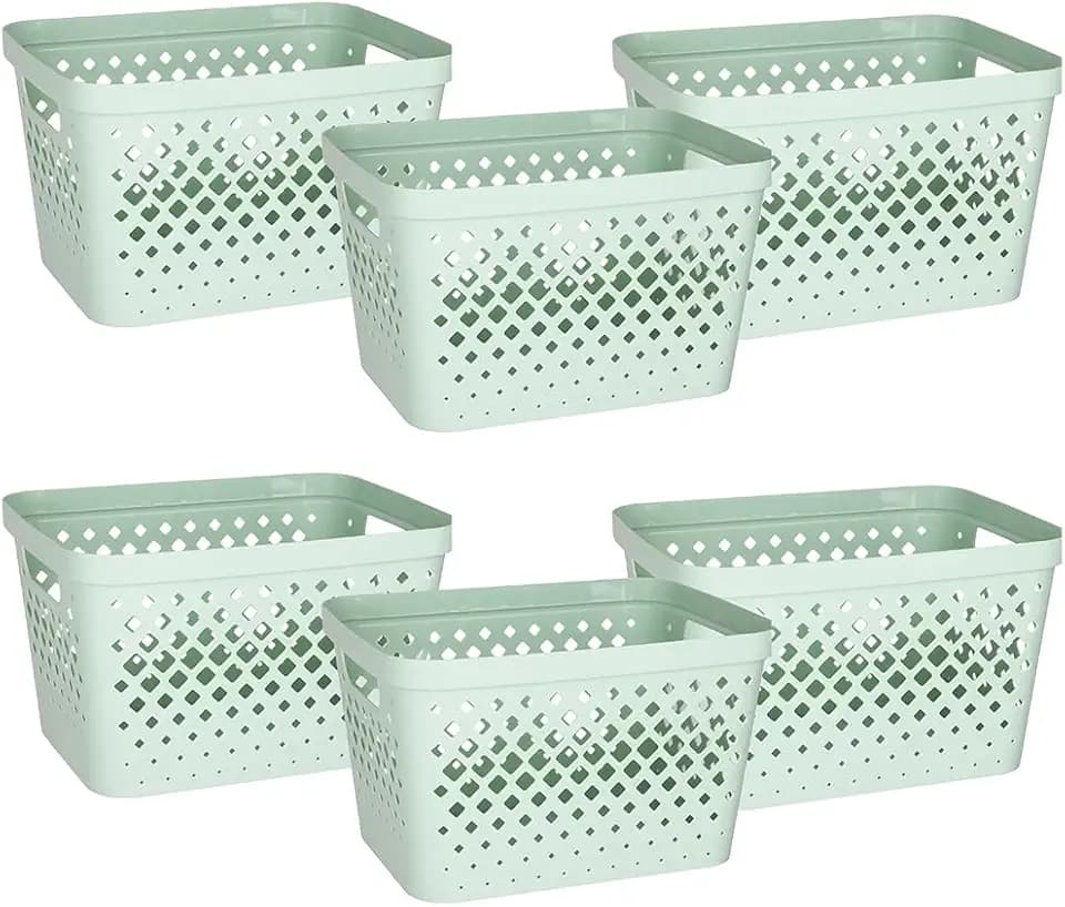 Glad Aufbewahrungskörbe aus Kunststoff, 6er-Set | Offene Aufbewahrungsboxen für Regale, Bad, Speisekammer, Kleiderschrank | Stapelbare Organizer-Boxen mit Griffen, 15 l, Salbeigrün