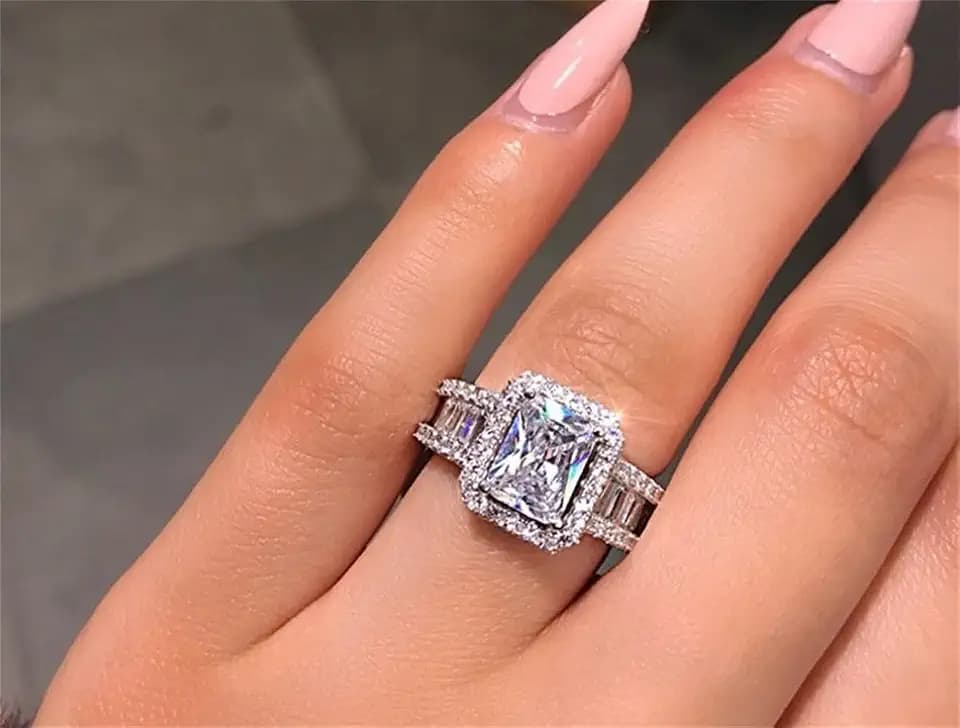 925 Sterling Silver Shiny Full Diamond Ring Square Cut 3Ct Cubic Zirconia Cocktail Rings CZ Multi Row Diamond Ring Eternity Engagement Wedding Band Ring for Women Z.47 (US Code 8)