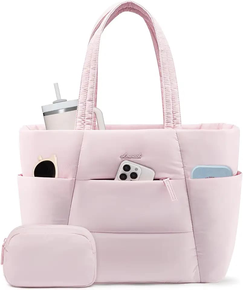 LOVEVOOK Puffer Tote Bag with 40oz Cup Holder Laptop Work Bag for Women