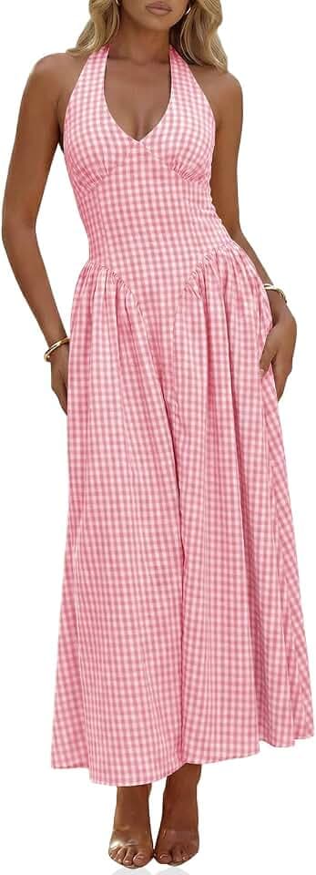 Wenrine Womens Halter V Neck Corset Maxi Dresses Summer Plaid Smocked Dress