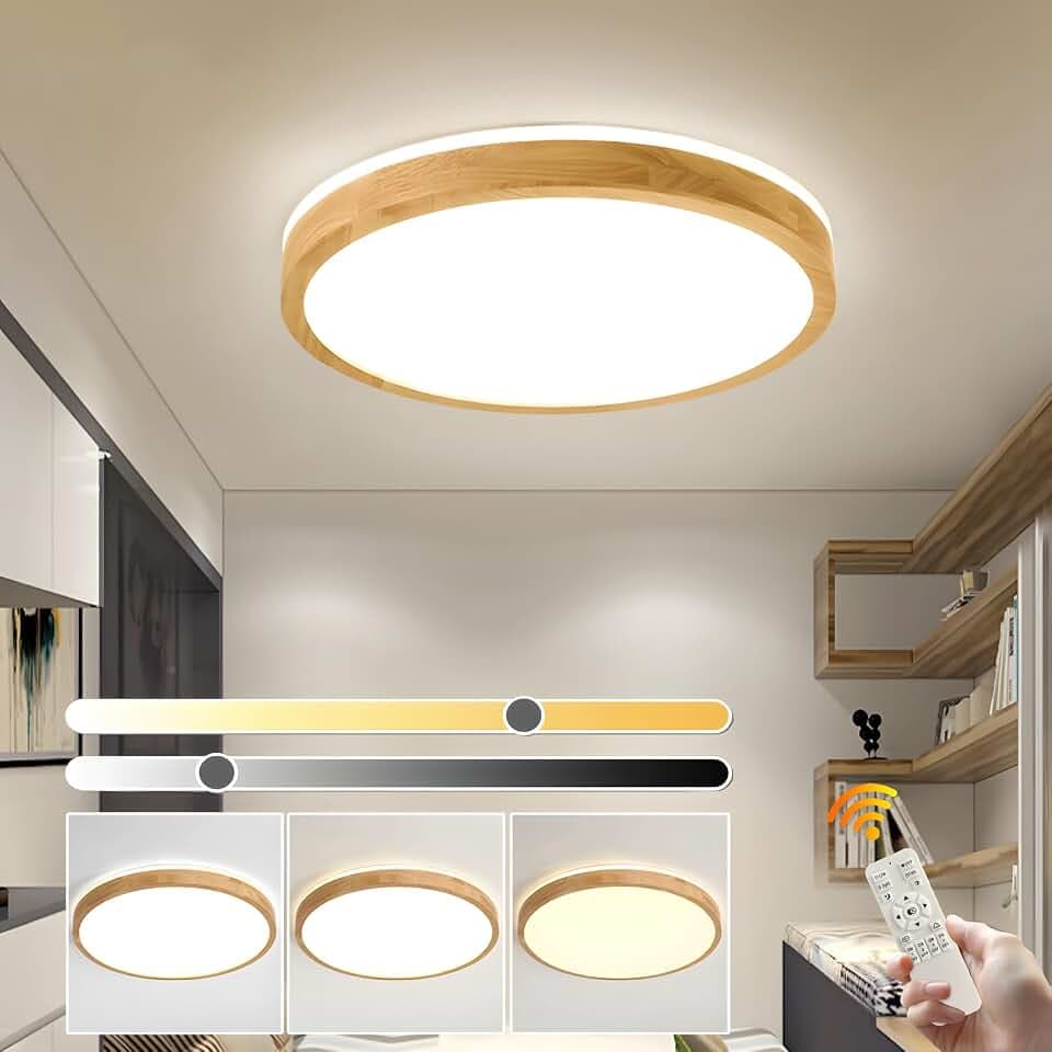 LED Deckenleuchte Holz, oben 360° leuchtende runde natürliche Holzlampe | Dimmbar mit Fernbedienung 2700K-6500K, 30W | Wohnzimmer, Esszimmer, Flur, Zuhause, Büro, Kinderzimmer (Ø40cm)